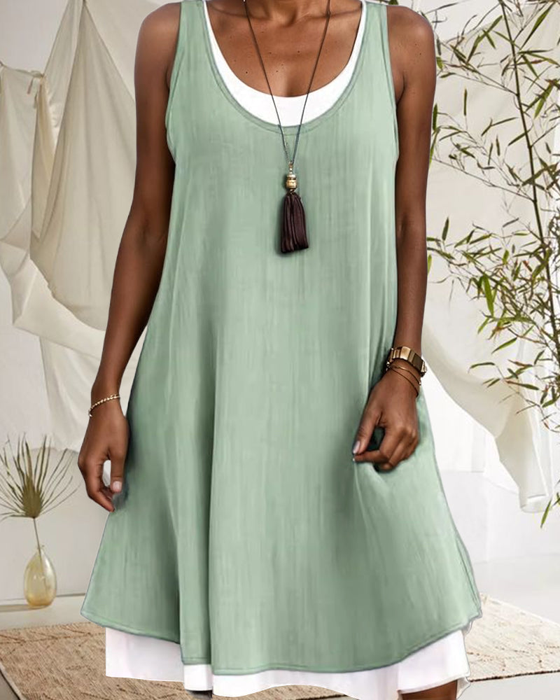 Sleeveless Round Neck Contrast Color Patchwork Dress