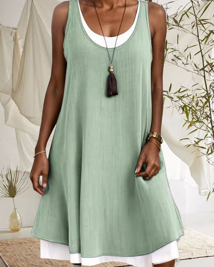 Sleeveless Round Neck Contrast Color Patchwork Dress