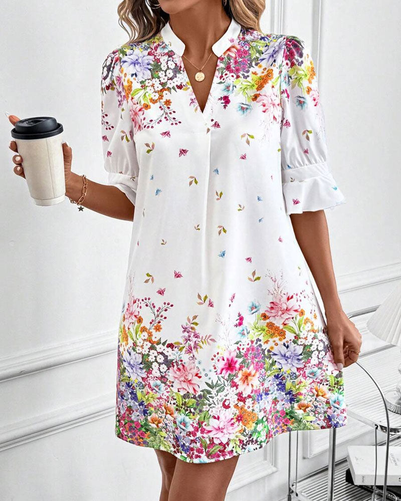 V-Neck Puff Sleeve Printed Dress