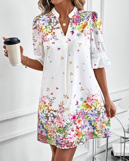 V-Neck Puff Sleeve Printed Dress
