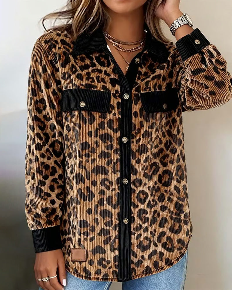 Lapel Leopard Print Corduroy Shirt