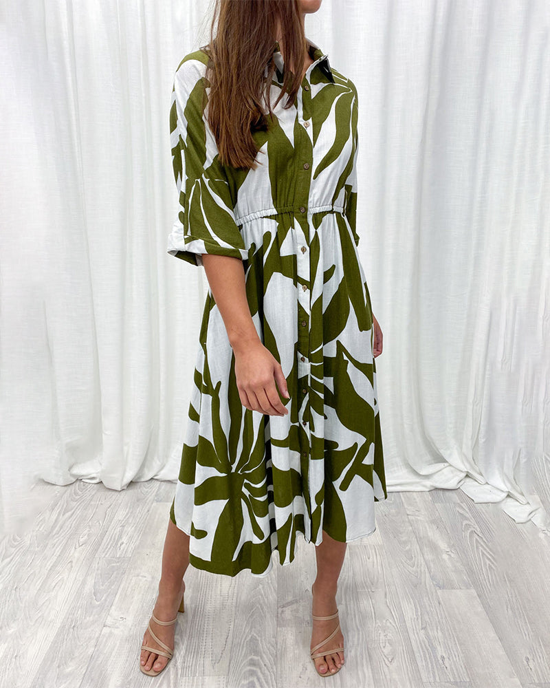 Lapel leaf print casual dress casual dresses summer