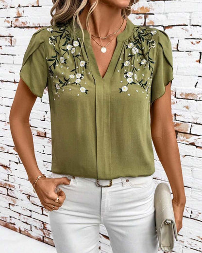 Petal Sleeve V-Neck Print Blouse