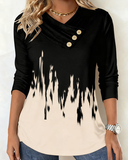 Long-Sleeved V-Neck Printed Gradient Top