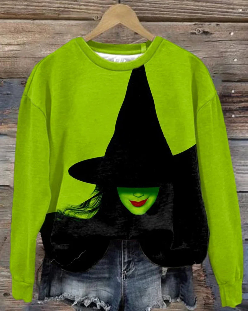 Halloween Witch Print Round Neck Sweatshirt halloween sweatshirts