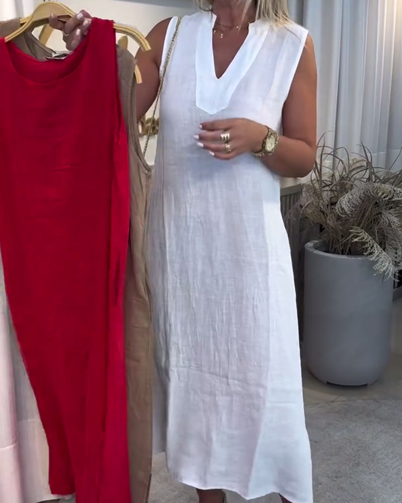 V-Neck French Cotton And Linen Sleeveless Dress