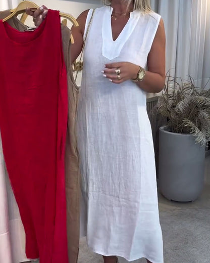 V-Neck French Cotton And Linen Sleeveless Dress