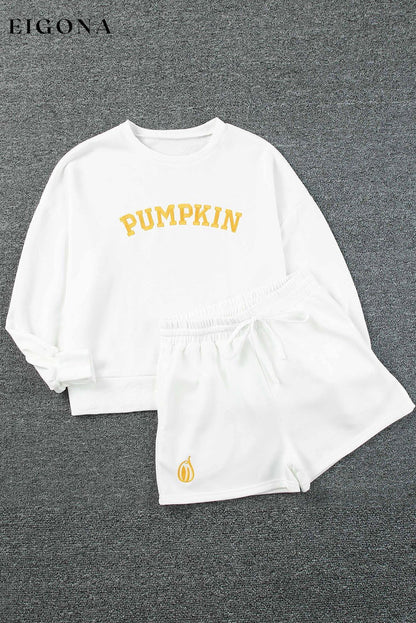 White PUMPKIN Flocking Graphic Pullover Sweatshirt and Shorts Set 2 piece All In Stock clothes Day Halloween halloween Occasion Home Season Fall & Autumn set sweatshirt set