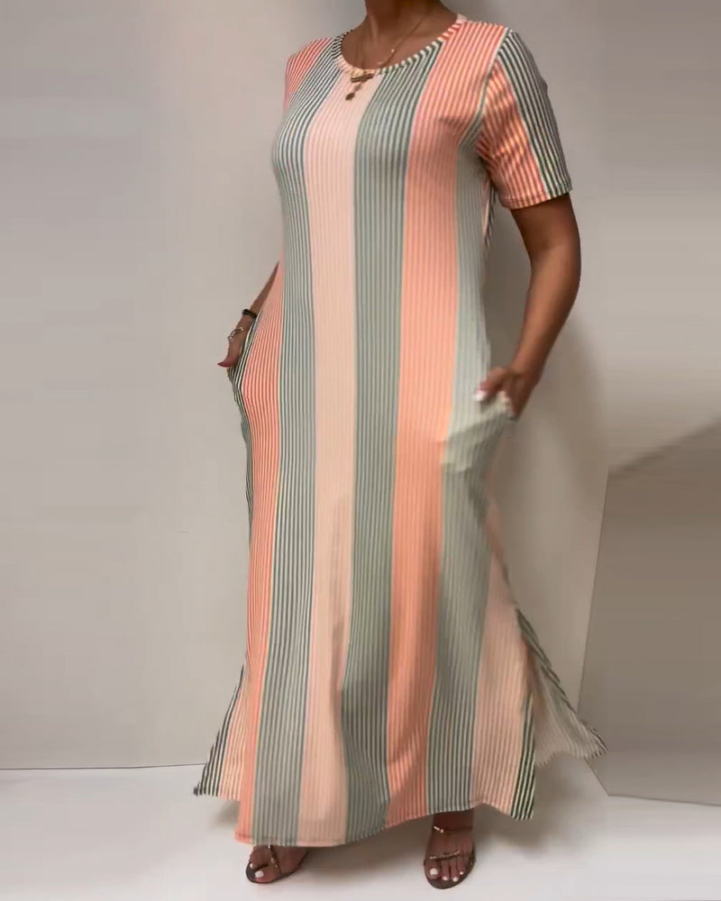 Striped Slit Casual Long Dress