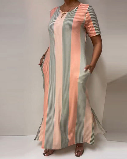 Striped Slit Casual Long Dress