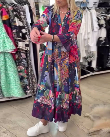 Abito a trapezio con stampa ampia e maniche a tromba