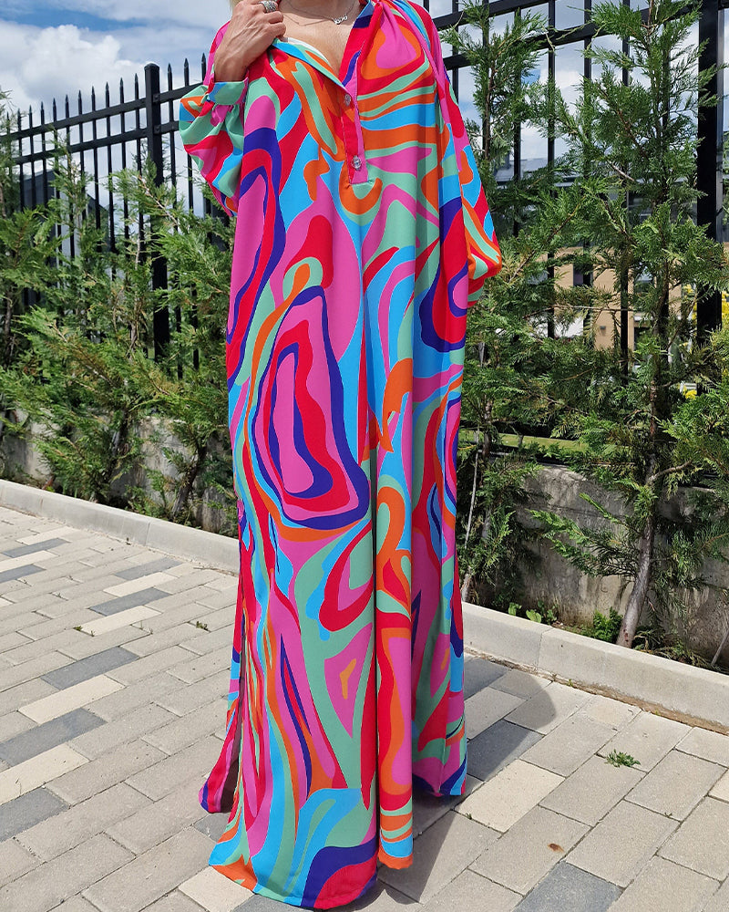 Colorful printed V-neck puff sleeve long dress casual dresses spring summer