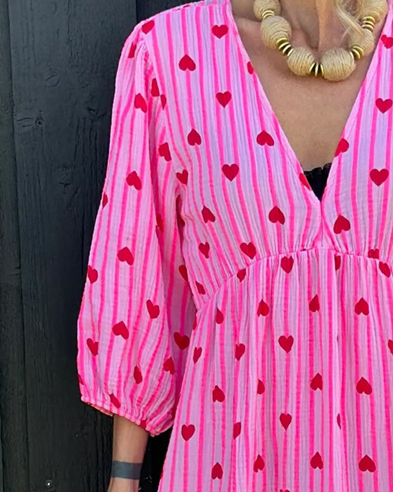 Deep V Heart Stripe Print Dress
