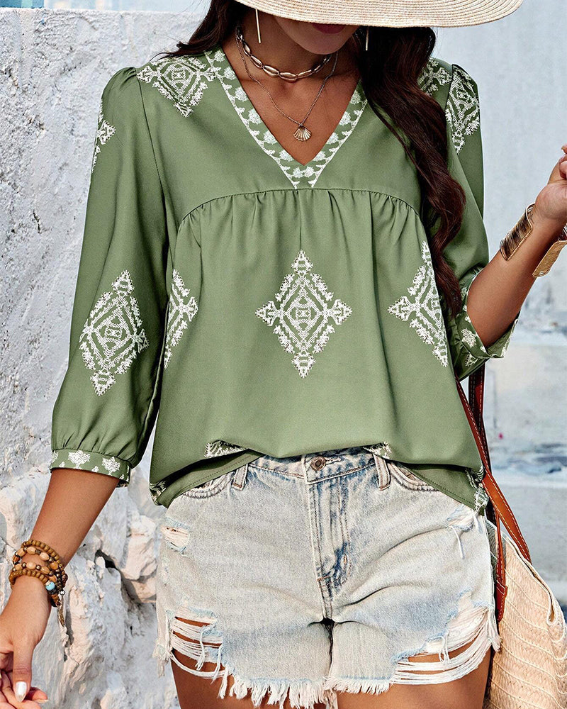 V-Neck Diamond Print Three-Quarter Sleeve Blouse blouses & shirts summer