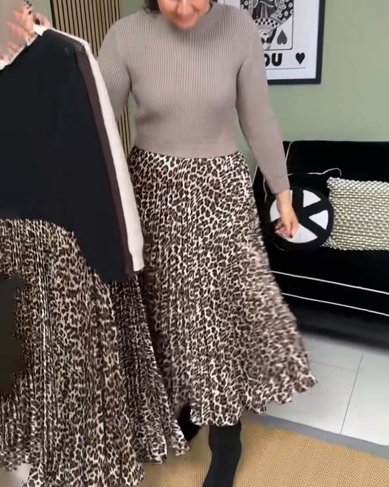 Knitted Sweater With Leopard Print Dress 2024 f/w casual dresses