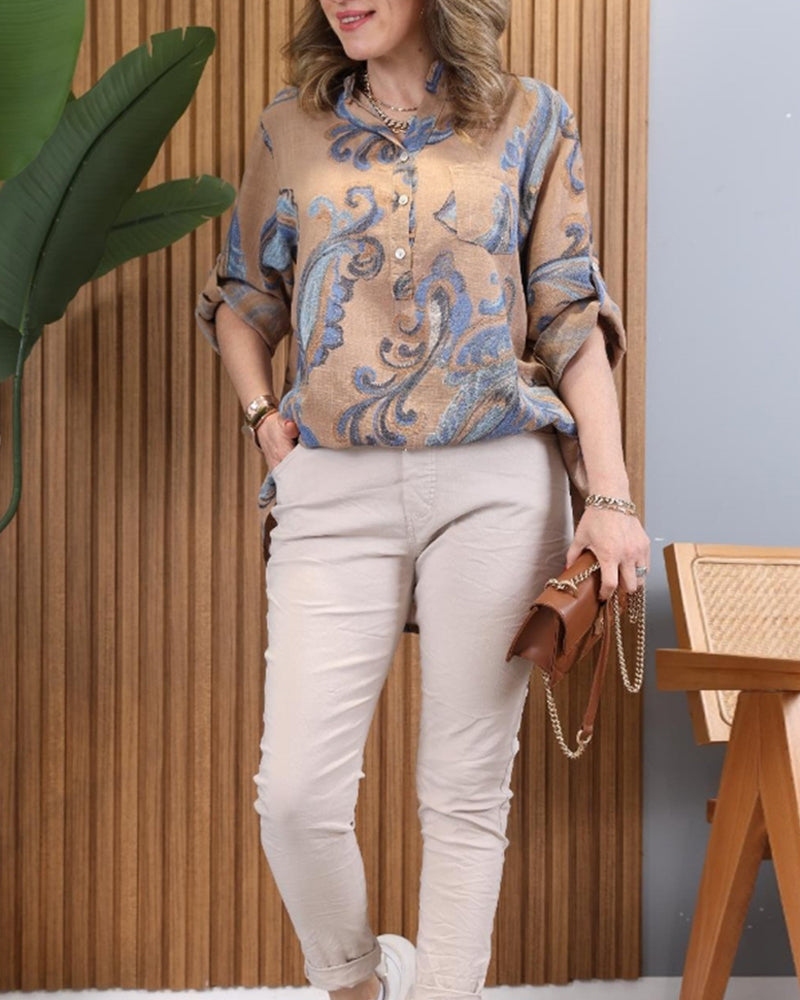 Retro pleated sleeve printed blouse blouses & shirts summer