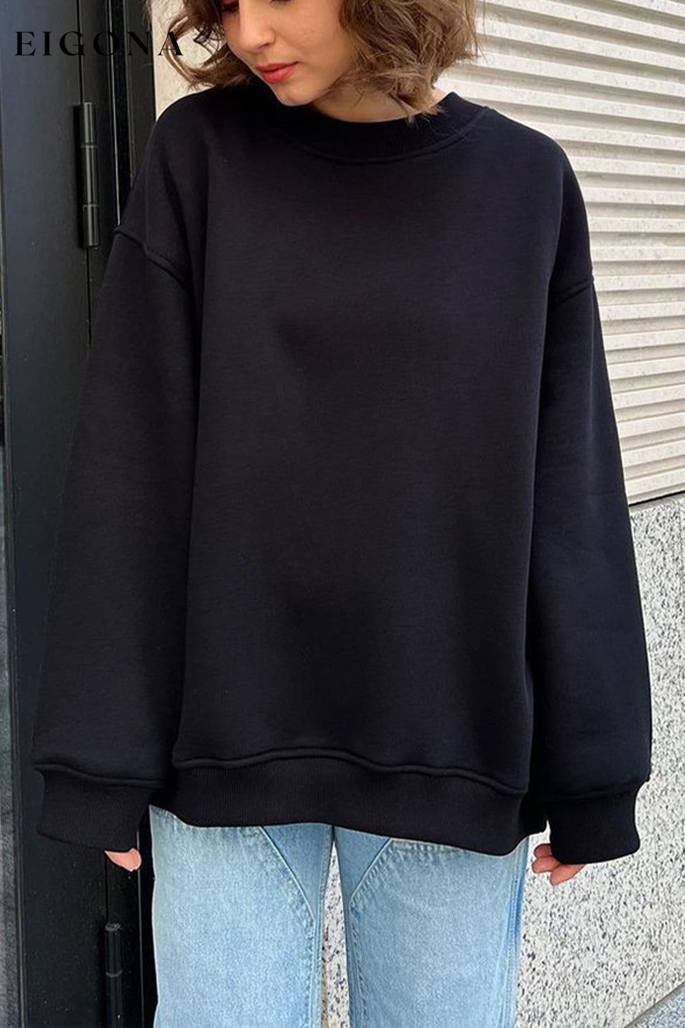 Oversize Round Neck Dropped Shoulder Sweatshirt Black clothes Ship From Overseas Shipping Delay 09/29/2023 - 10/03/2023 trend X.L.J