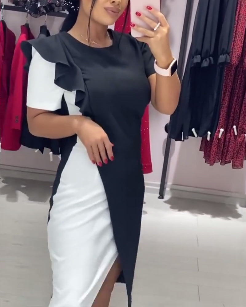 Fashionable color block slit ruffle dress 202466 casual dresses summer