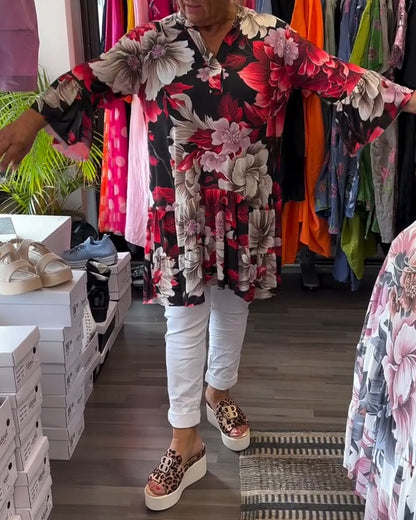Bell - Sleeve Loose Floral Dress