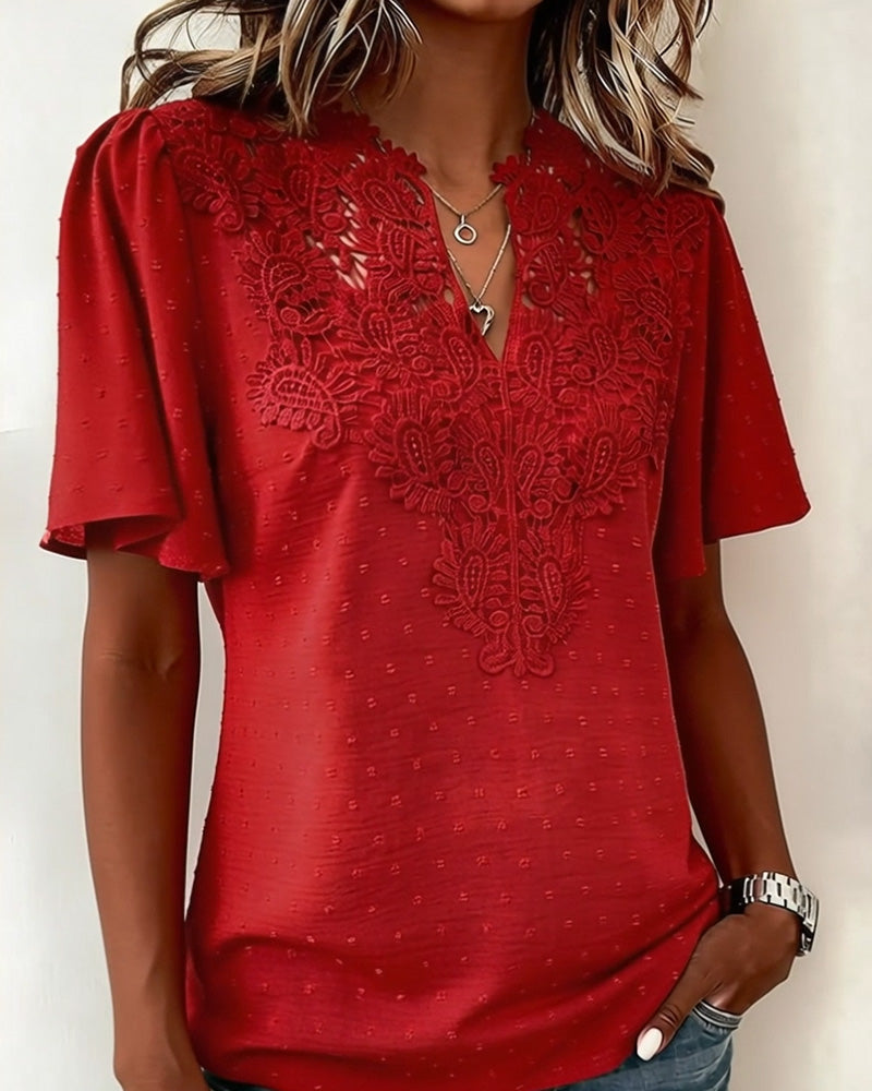Lace V-Neck Short Sleeve Blouse