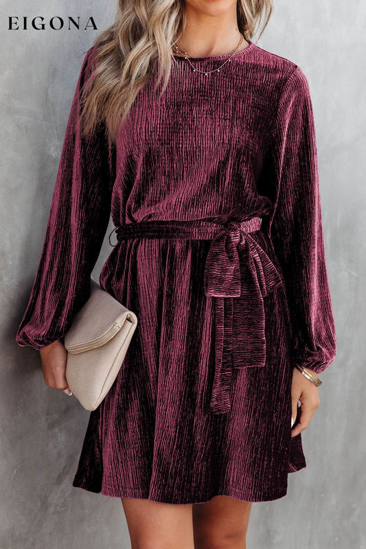 Fiery Red Tie Waist Crinkle Velvet Dress Red 95%Polyester+5%Elastane casual dress casual dresses clothes Color Purple dress dresses Fabric Velvet long sleeve dresses Occasion Daily Print Solid Color Season Winter short dresses Silhouette A-Line Style Elegant