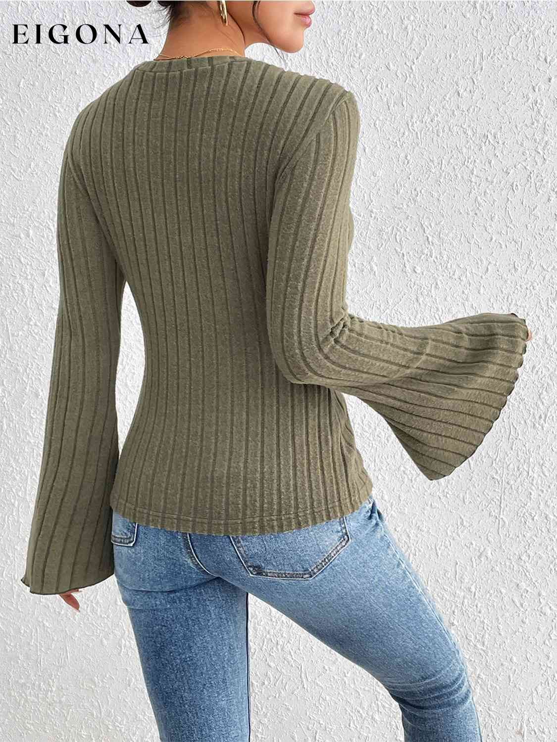 Ribbed Round Neck Flare Sleeve Top clothes HS Ship From Overseas