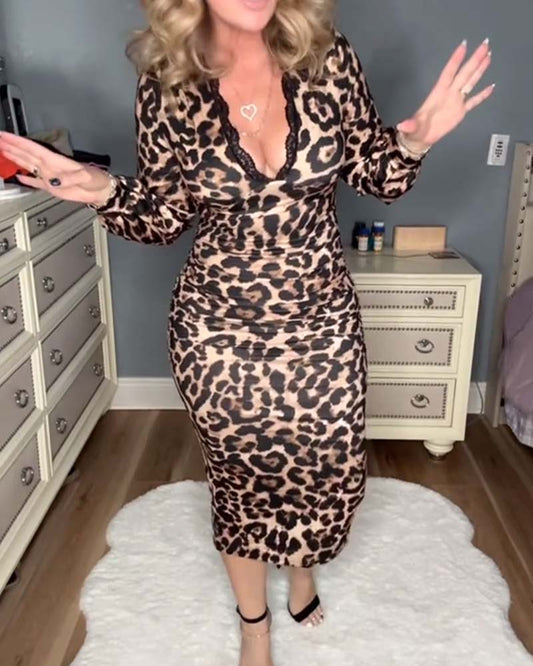 Sexy Leopard Lace V-Neck Dress