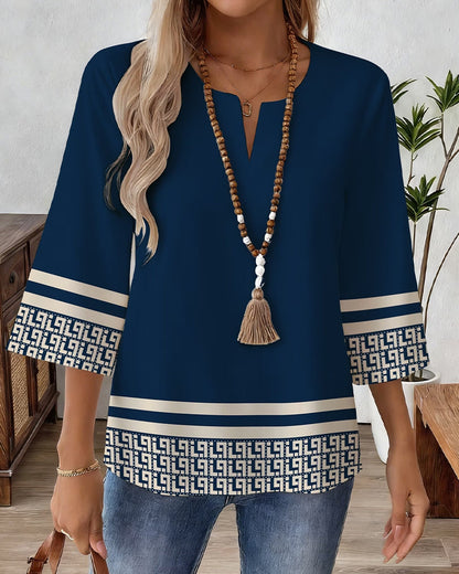 Geometric Print V-Neck Three-Quarter Sleeve Top