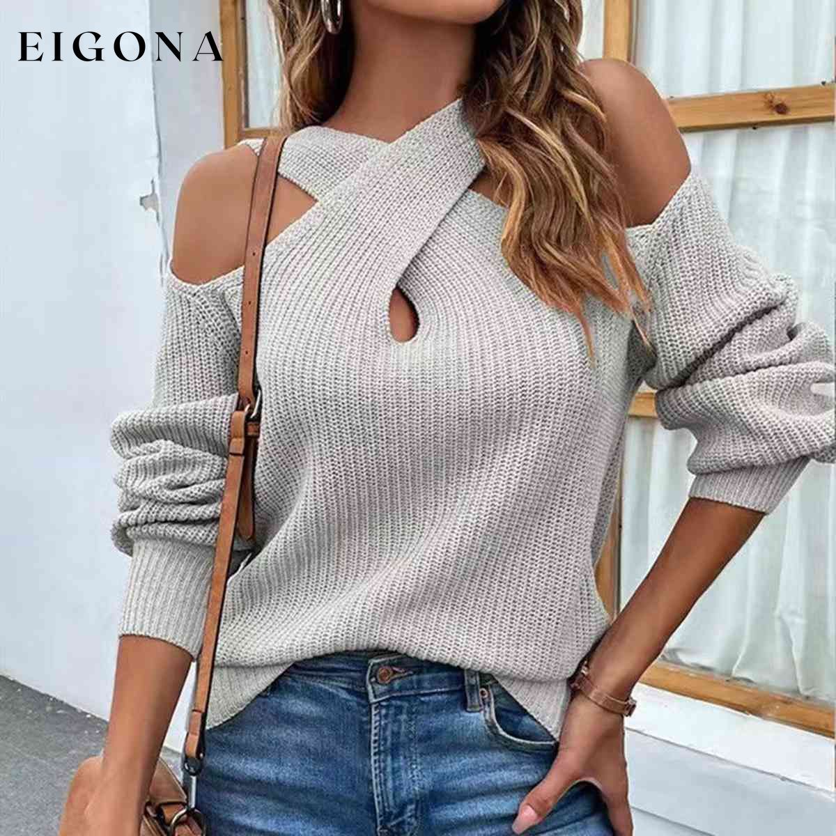 Crisscross Cold-Shoulder Sexy Sweater clothes long sleeve shirts long sleeve top Ship From Overseas Shipping Delay 10/01/2023 - 10/02/2023 shirt shirts sweater sweaters top tops Y*X