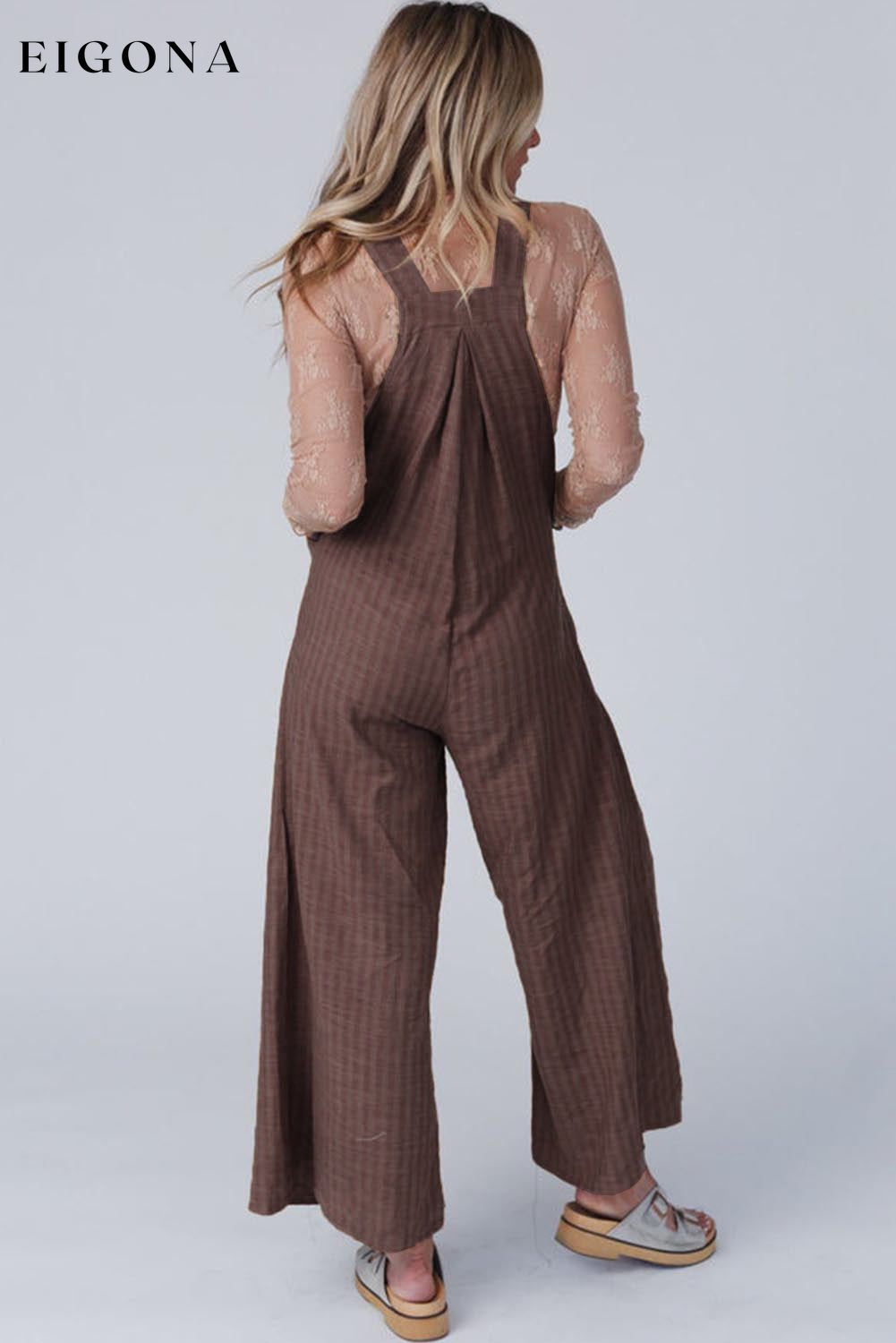 Chicory Coffee Striped Pleated Wide Leg Pocketed Jumpsuit clothes Jumper Jumpsuit JUMPSUITS & ROMPERS Rompers Stripe tops