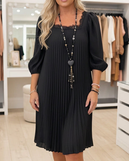 Square-Neck Puff-Sleeve Pleated Dress