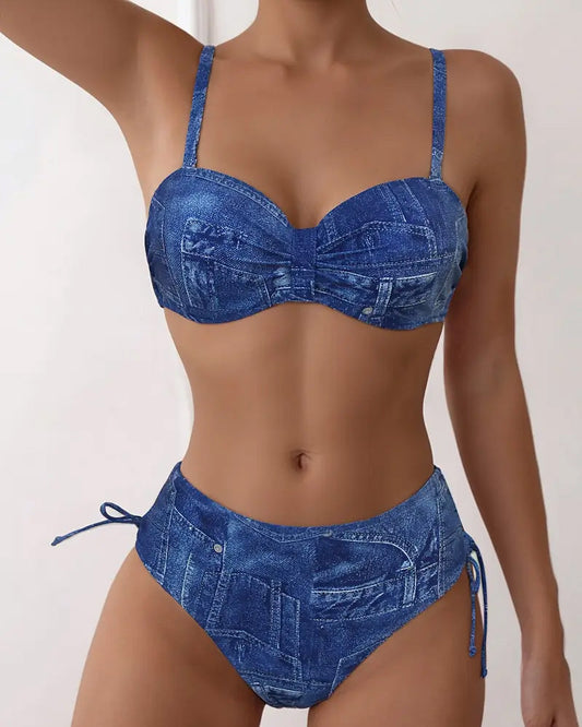 Denim Lace-Up Bra Two-Piece Swimsuit