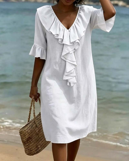 V-Neck Ruffle Shift Dress