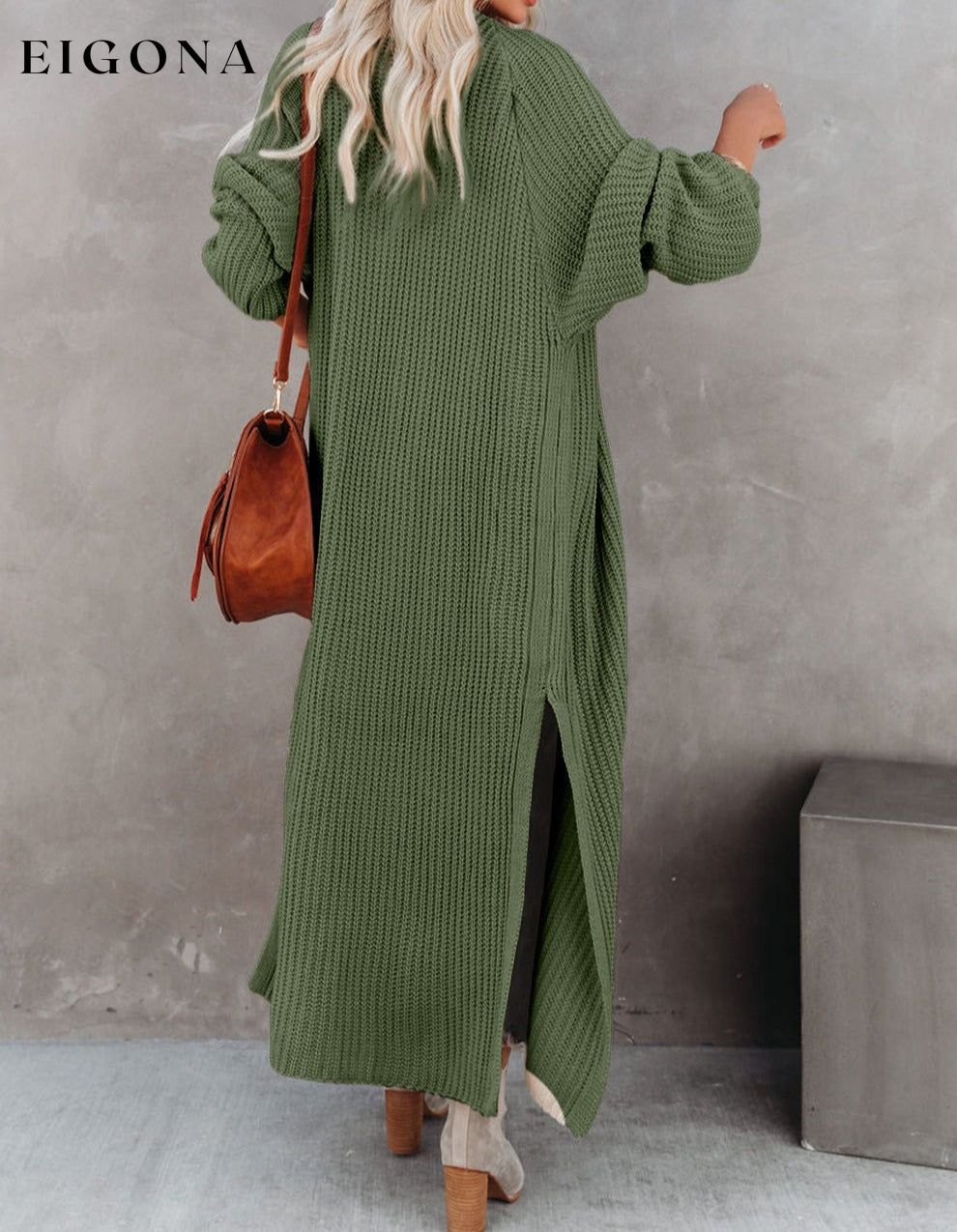 Green Open Front Side Slit Duster Knit Long Sweater Cardigan All In Stock cardigan cardigans Category duster cardigan clothes Color Green EDM Monthly Recomend Occasion Daily Print Solid Color Season Fall & Autumn Style Casual Style Modern