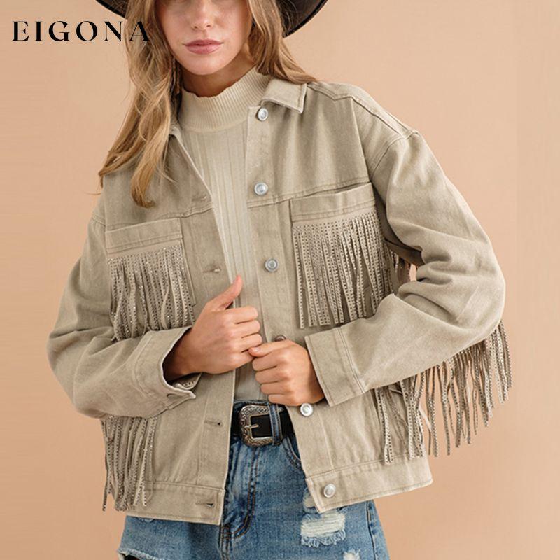 Fringe Detail Dropped Shoulder Denim Jacket clothes DE.O.Z.X Ship From Overseas Shipping Delay 09/29/2023 - 10/06/2023 trend