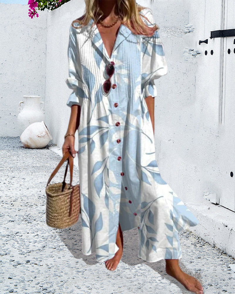 V-neck button-down printed dress spring summer vacation dresses