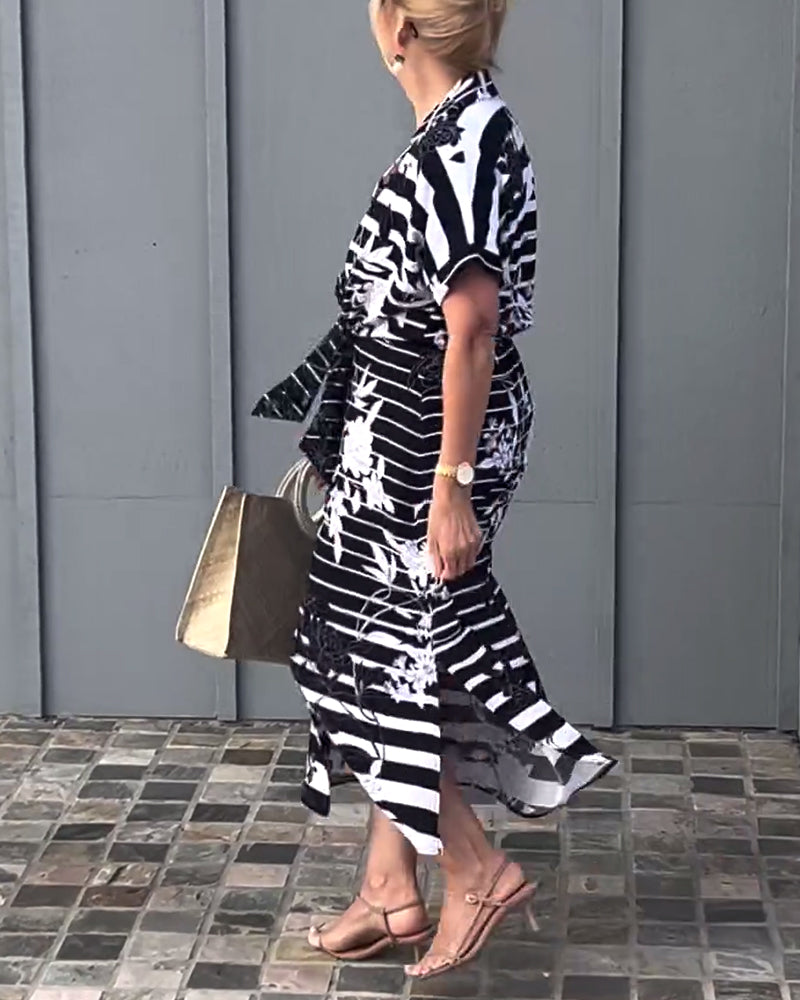 Floral striped print lace-up slit elegant dress casual dresses spring summer