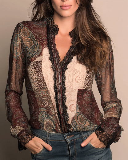 Retro-Print Patchwork Long-Sleeved Shirt