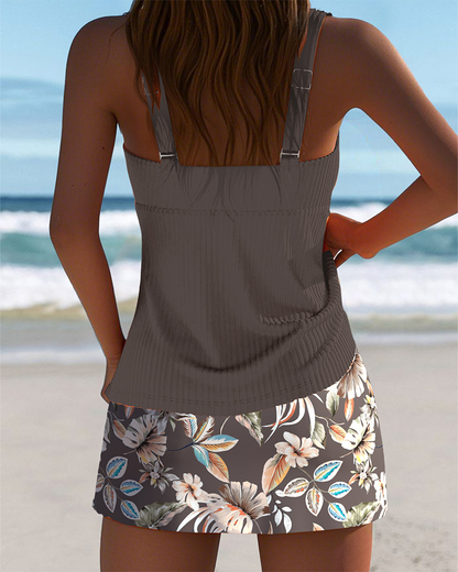 Ribbed Printed Skirt Beach Tankini