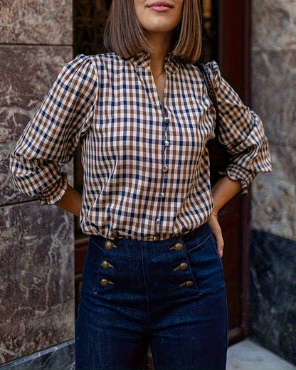 V-Neck Plaid Print Shirt