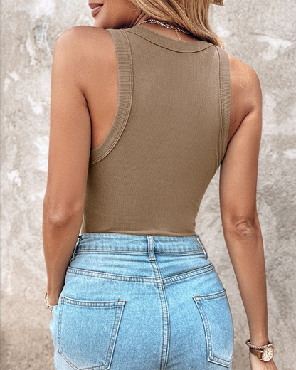 Built-in Bra Ribbed Round Neck Tank Top