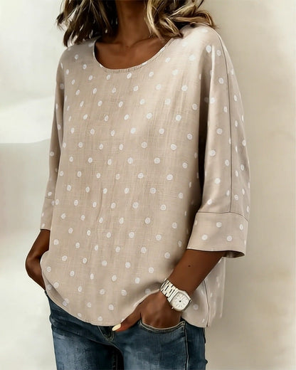 Three-Quarter Sleeve Polka Dot Crew Neck Blouse