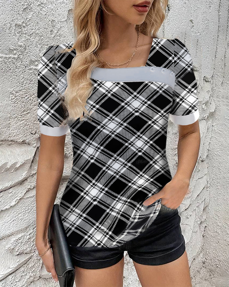 Square collar short sleeve plaid blouse blouses & shirts summer