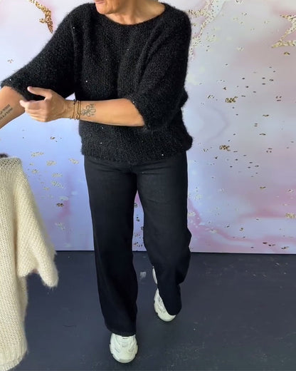 Half-Sleeved Round Neck Sequin Sweater