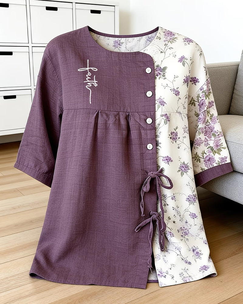 Asymmetrical Spliced Floral Color-Block Blouse