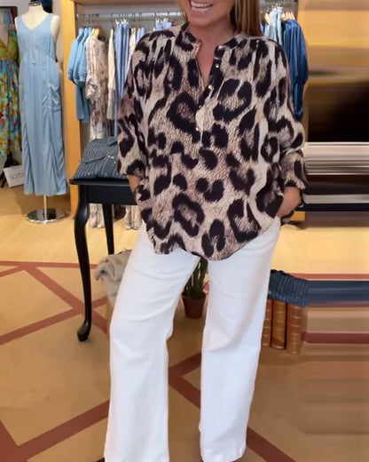 Loose Leopard Print Half Button Blouse