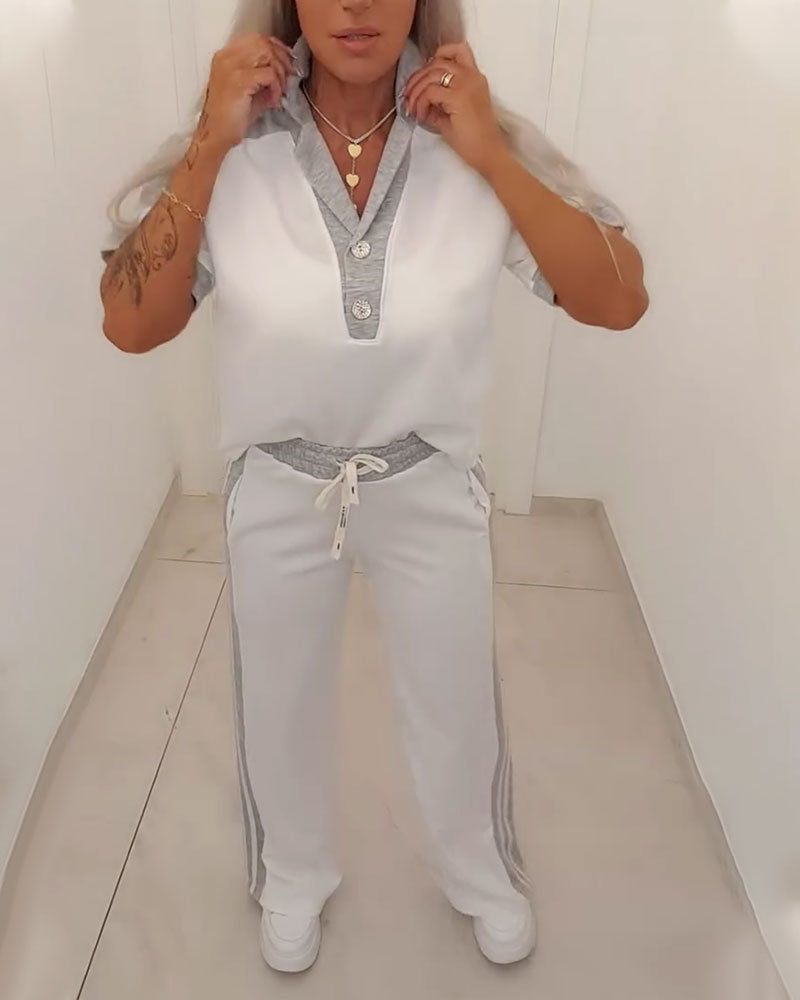 Color Block Camp Collar Casual Set