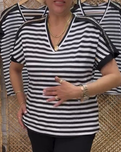 V-neck Striped Casual T-Shirt