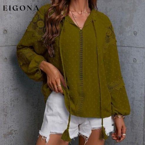 Crochet Tassel Tie Neck Long Sleeve Blouse Moss clothes G@S Ship From Overseas