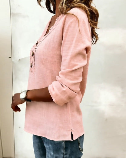 Lace Paneled Button-Down V-Neck Blouse